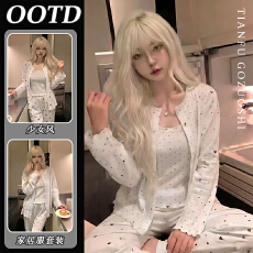 批发优质仿棉甜美少女爱心印花纯欲吊带睡衣女春秋季新款三件套