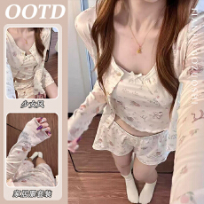 批发优质仿棉甜美少女爱心印花纯欲吊带睡衣女春秋季新款三件套