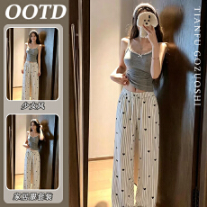 批发优质仿棉韩系简约灰色吊带爱心<b class='q'>睡衣</b>长裤家居服套装