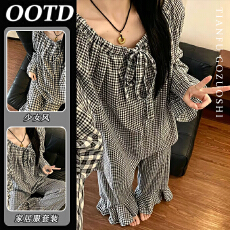 批发优质仿棉韩系睡衣女春秋少女花边蓝色波点可外穿家居服套装
