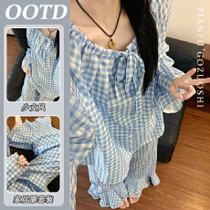 批发优质仿棉韩系睡衣女春秋少女花边蓝色波点可外穿家居服套装