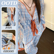 批发【优质仿棉】格子长袖睡衣女春秋季简约韩版可外穿家居服套装