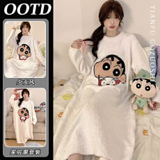 批发【半边绒】半边绒睡裙女秋冬季加绒加厚中长款过膝甜美卡通