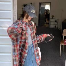 批发原版质量2026春秋季女韩版复古港味POLO领学生格子宽松外套<b class='q'>衬衣</b>