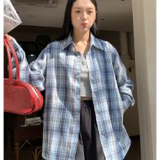 批发原版质量蓝色格纹<b class='q'>衬衫</b>外套女2026新款宽松休闲遮肉中长款<b class='q'>衬衣</b>