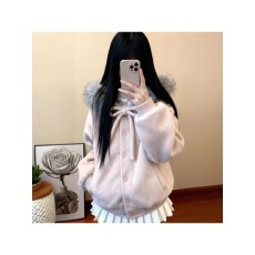 好质量 原版蝴蝶扣针 钢扣 呢料 粉色连帽外套女春秋冬蝴蝶结上衣