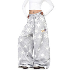 批发好质量 加绒 雪花满印阔腿<b class='q'>休闲裤</b>女秋冬宽松设计感保暖百搭长裤