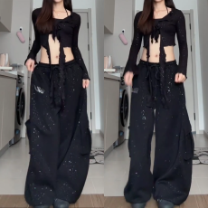 批发好质量 原版起版 街舞潮牌秋<b class='q'>冬</b>烫钻长裤嘻哈街头工装裤爵士运动裤