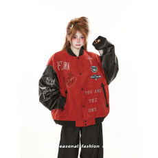 批发好质量 加厚呢子 加厚皮袖 刺绣红色棒球<b class='q'>服</b>女外套夹克<b class='q'>潮</b>牌情侣装