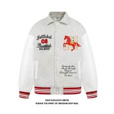 批发好质量 加厚呢子 加厚皮袖 小马毛巾绣翻领棒球服外套女情侣夹克