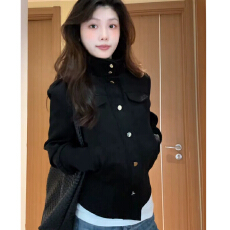 批发好质量 原版质量 高克重麂皮绒 外套女春秋短款立领黑色夹克开衫