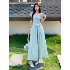 批发温柔风法式方领<b class='q'>连衣裙</b><b class='q'>女</b>夏季新款<b class='q'>大码</b>胖mm显瘦掐腰系带蝴蝶结长<b class='q'>裙</b>