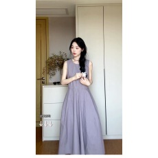 批发简约紫色无袖<b class='q'>背心连衣裙</b>子女夏季2025新款超好看通勤收腰度假长裙