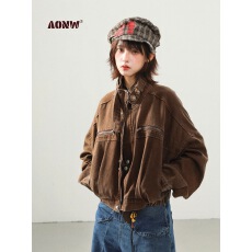 批发AONW美式复古工装<b class='q'>牛仔</b>外套女秋季新款宽松高级感短款夹克上衣潮