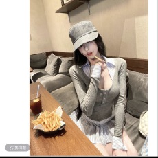 批发灰尘邓邓 时髦尖子生假两件条纹<b class='q'>拼接</b>长袖连衣裙<b class='q'>打底裤</b>