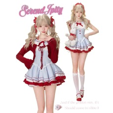 批发少女椰子甜品系樱桃丸子 夏季蓝色格纹连衣裙女