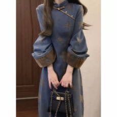 批发新中式国风复古高级感<b class='q'>改良</b><b class='q'>旗袍</b>连衣裙秋冬季民国风牛仔长裙
