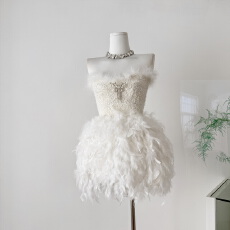 批发ChiclyNana  法式名媛富家千金连衣<b class='q'>裙</b>抹胸弹力钻饰羽毛短款轻<b class='q'>礼服</b>