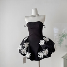 批发dollytang朵家 重工立体花朵抹胸<b class='q'>连衣裙</b>显身材小黑裙party<b class='q'>小礼服</b>