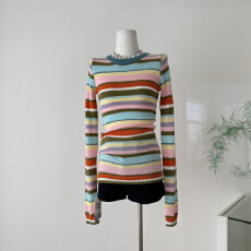 批发Tongiiuu 彩虹糖豆 撞色条纹毛衣针织衫上衣女牛仔包臀<b class='q'>短裤</b><b class='q'>套装</b>冬