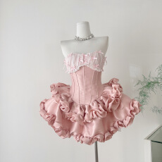 批发法式抹胸蝴蝶结鱼骨收腰约会公主短款蓬蓬裙高级生日party轻礼服