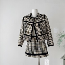 批发F boutique 重工高奢<b class='q'>千鸟格</b>丝绒复古小香<b class='q'>套装</b>