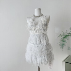 批发ChiclyNana 辣妹露背<b class='q'>连衣裙</b>羽毛拼接派对生日party吊带白色超短裙