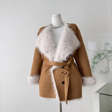 批发EIA一尧旧日咖啡馆韩系皮草外套女秋<b class='q'>冬</b>大翻领仿麂皮绒大衣