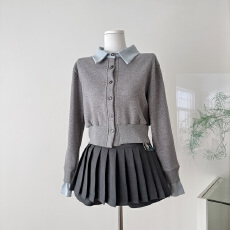 批发avenement/撞色翻领假两件针织衫外套千金学院风长袖上衣+裙裤