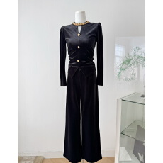 批发秋<b class='q'>冬</b>穿搭一整套高级感钉珠丝绒上衣加绒阔腿裤两件套御姐气质套装