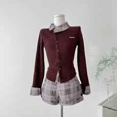 批发两件套【不朽秋日】翻领长袖拼色修身上衣秋季a字<b class='q'>短裤</b>套装 新款<b class='q'>女</b>