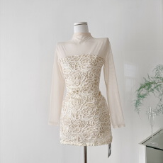 批发Roselyn 杏色丝绒玫瑰亮片抹胸裙女气质修身包臀百搭短裙子连衣裙