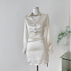 批发Sun雅乔【钻光银河】秋季新款时尚缎面烫钻长袖<b class='q'>衬衫</b>连衣裙短裙