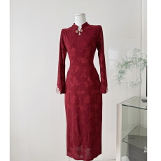 批发新中式国风EIA一尧【马上来财】复古旗袍女冬红色连衣裙新年战袍