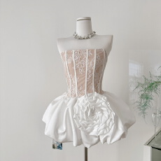 批发越南重工鱼骨蕾丝<b class='q'>抹胸</b>蓬蓬缎面礼服裙纯欲<b class='q'>裹</b><b class='q'>胸</b>立体花朵泡泡连衣裙