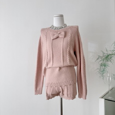 批发迟伞伞25/fw 甜杏杏子 定染纱线杏粉蝴蝶结针织<b class='q'>上衣</b>短<b class='q'>裤</b>温柔套<b class='q'>装</b>