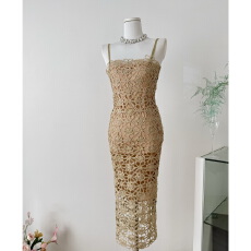 批发吊带连衣裙女气质名媛生日晚<b class='q'>礼服</b>重工镂空蕾丝花朵<b class='q'>性感</b>收腰包臀裙