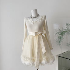 批发Catyears猫年 玉桂绒雪~软糯<b class='q'>蕾丝</b>珍珠蓬纱毛绒下摆短款仙女<b class='q'>连衣裙</b>