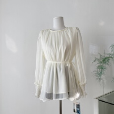 批发2025新款法式扭结圆领白色雪纺衫灯笼袖上衣