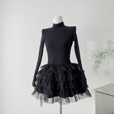 批发Barb Chill赫本千金风<b class='q'>连衣裙</b>女细闪<b class='q'>露背</b>蛋糕裙烫钻波点黑色生日裙