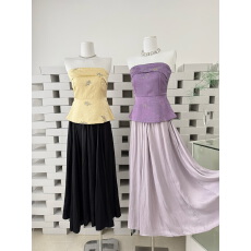 批发复古<b class='q'>提花</b>气质收腰显瘦抹胸+缎面大摆裙古风套装