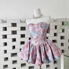 批发你的懒懒llan【白兰地花神】复古<b class='q'>碎花</b>心形抹胸连衣裙+短<b class='q'>裤</b>套装女