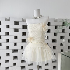 批发你的懒懒llan【捕梦少女】层次感<b class='q'>网纱</b>堆叠花朵抹胸<b class='q'>上衣</b>+半裙套装