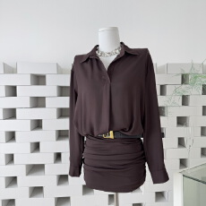 批发titi小姐姐【巧克力恋人】长袖<b class='q'>连衣裙</b>女秋季雪纺衬衫裙褶皱包臀裙