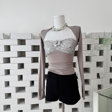 批发板栗可可Bankelili'浮雕<b class='q'>山茶花</b>'千金感披肩/亮片<b class='q'>山茶花</b>抹胸套装女