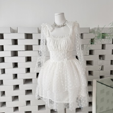 批发白茶/中长款白色网纱波点吊带连衣<b class='q'>裙</b>女夏季法式<b class='q'>裙</b>子2026春夏新品