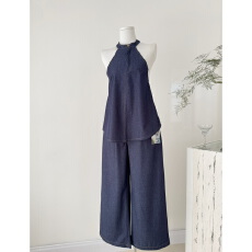 批发番茄侠老钱假日 慵懒感挂脖牛仔套装女无袖露背上衣+休闲裤两件套