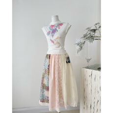 批发芝士日【春野蜜果】复古独特四拼碎花拼接半裙春季森系高腰半身裙