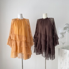 批发【乌木甜茶】RARE ZZ法式轻柔飘逸<b class='q'>喇叭袖</b>荷叶边慵懒风蕾丝<b class='q'>连衣裙</b>