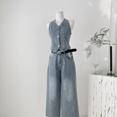 批发李婉君原创爆闪满天星闪钻马甲背心<b class='q'>牛仔</b>裤<b class='q'>套装</b>女士显瘦直筒<b class='q'>牛仔</b>裤